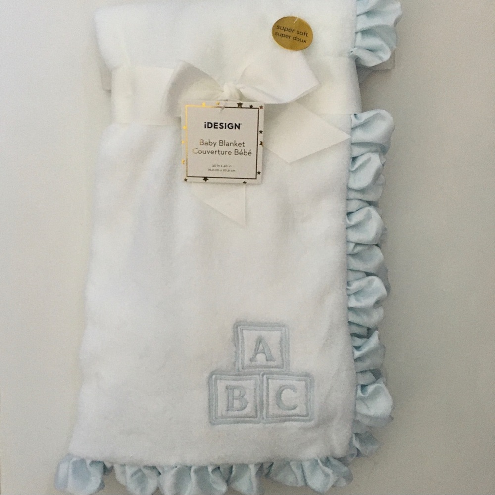 iDesign Baby Blanket with Blue Ruffle Embroidered with ABC Baby Gift NWT
